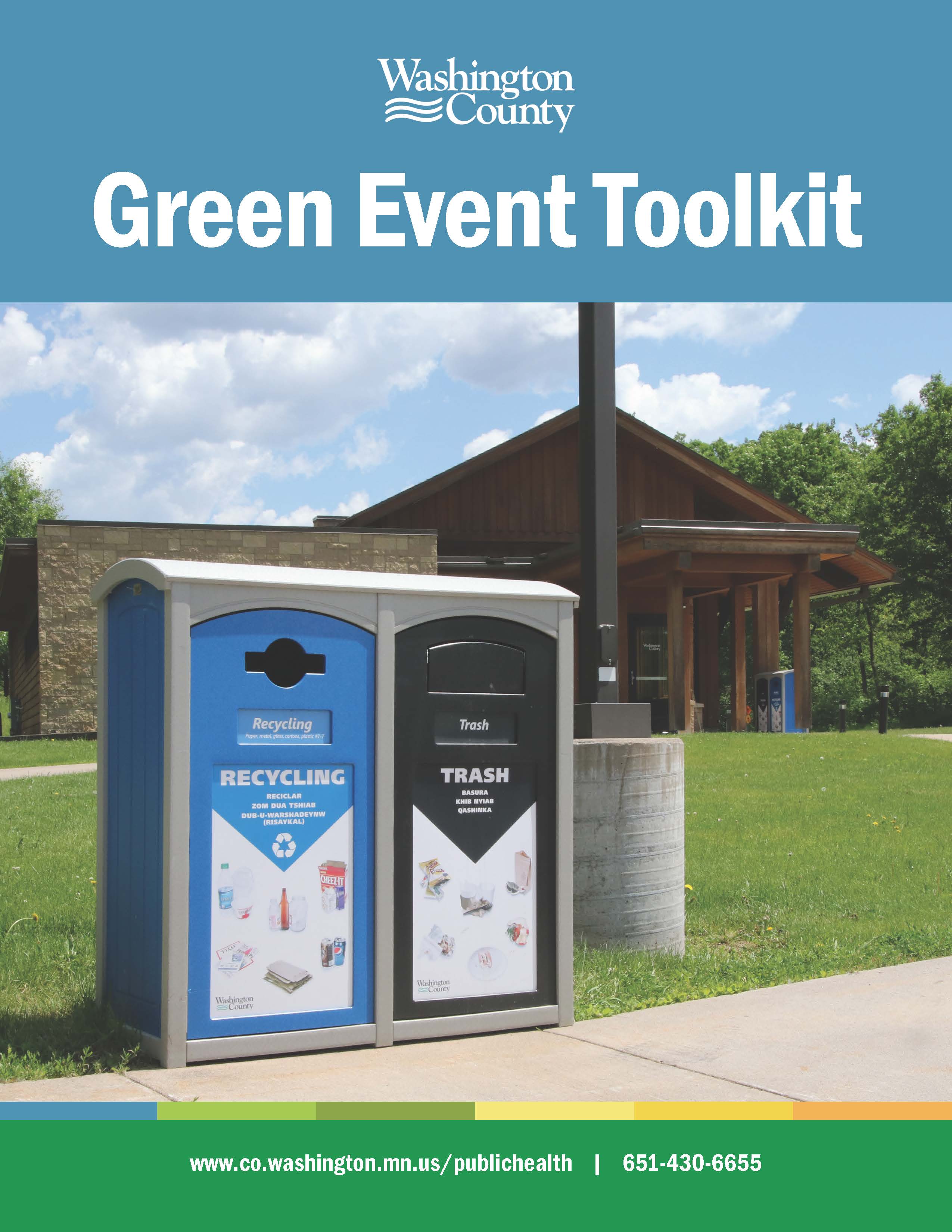 Front cover of Green Toolkit, park with green grass, recycling bin and trash bin Opens in new window