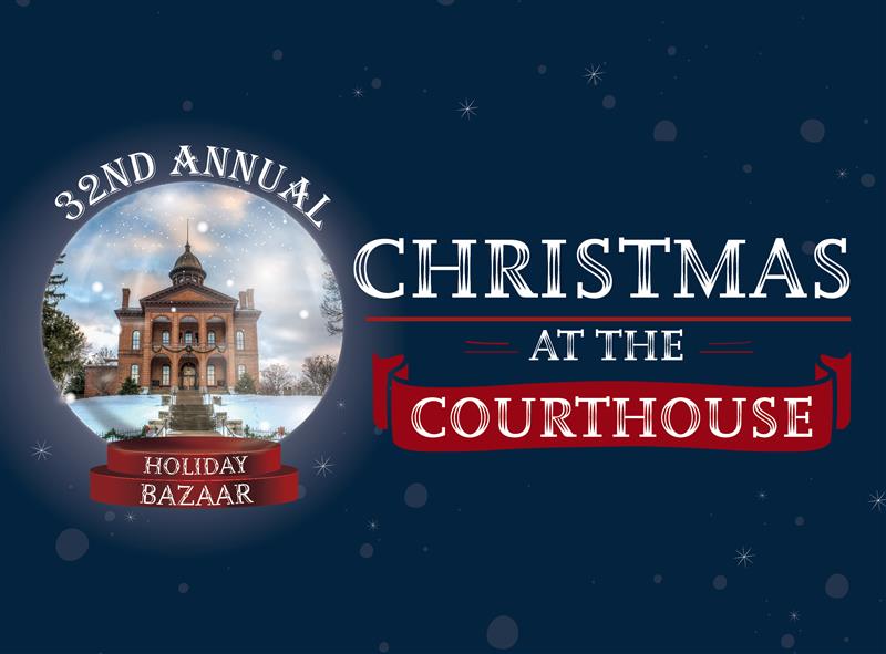 Promotional banner of Christmas At The Courthouse, with image of Historic Courthouse and text.