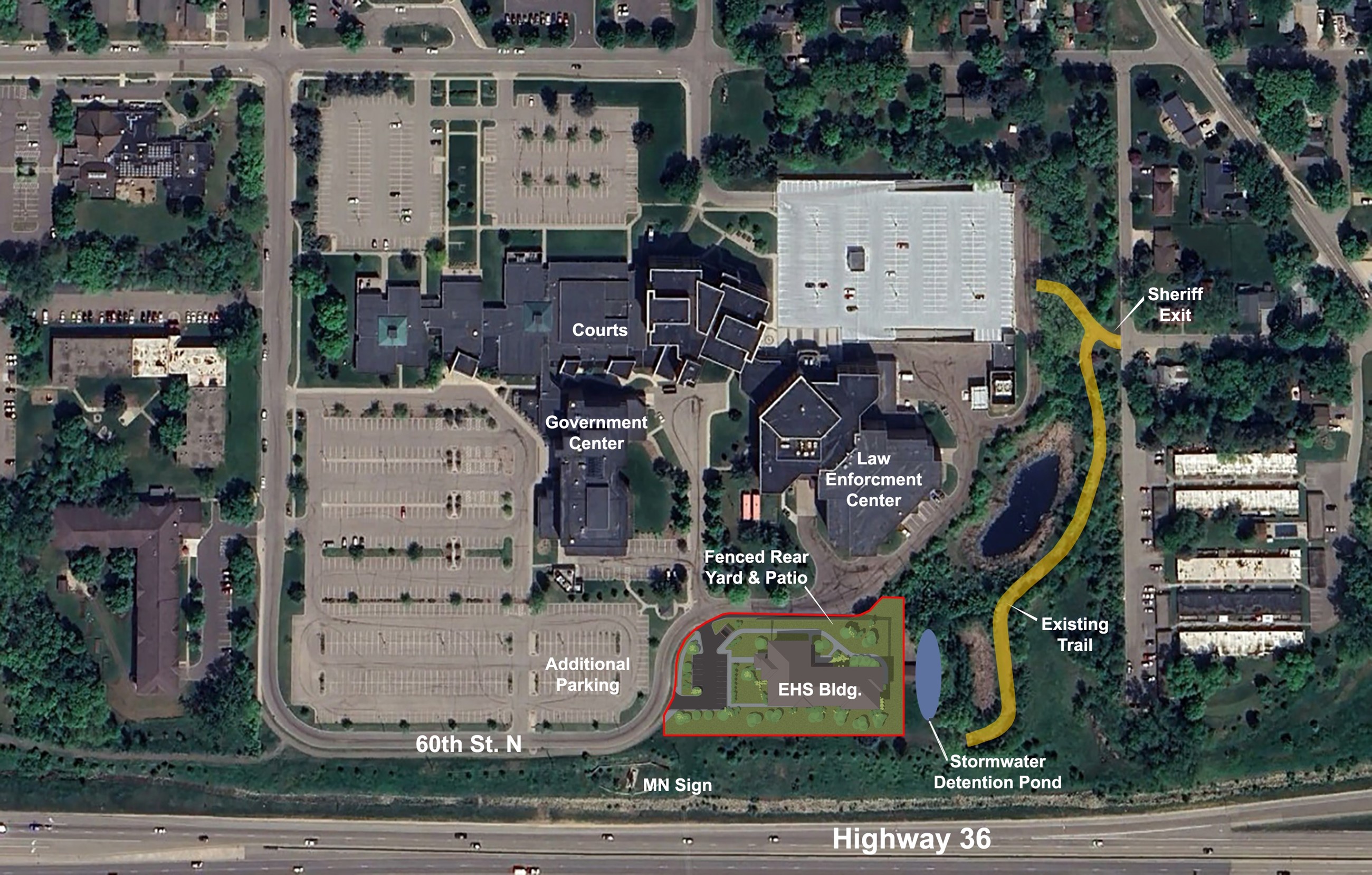 Emergency Housing Services Building site overlay. The map shows the current buildings on the campus: Government Center, Courthouse and the Law Enforcement Center, and includes markings of the parking lots.