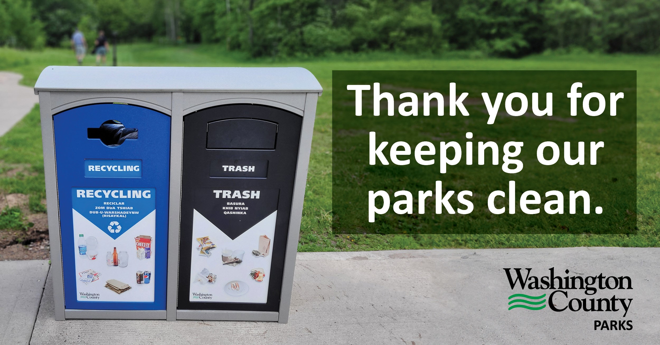Keeping Parks Clean text next to image of recycle and garbage container